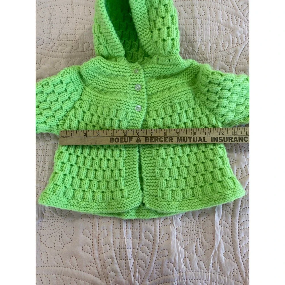 Vintage Toddler Handmade Knit Baby Sweater w/ Hood 12x12 Green Heirloom‎